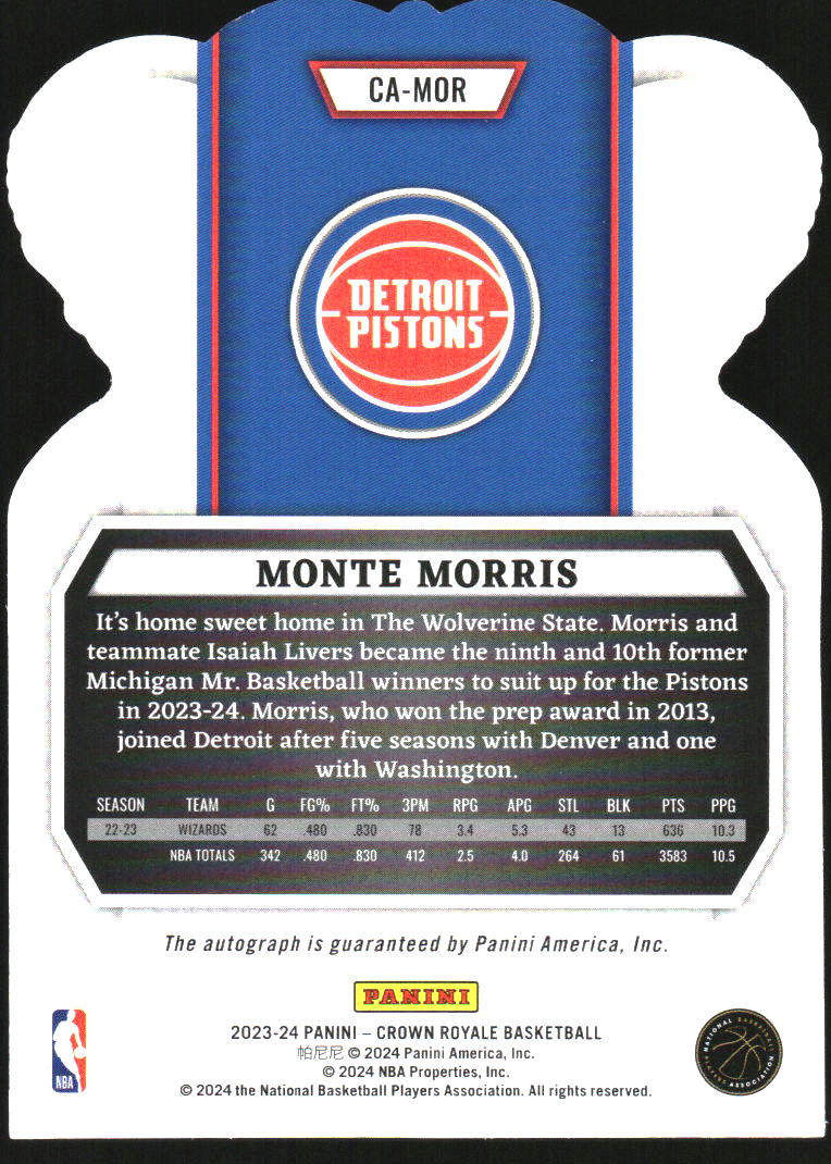 2023-24 Crown Royale Crown Autographs International Red Monte Morris Auto /18 - Image 2