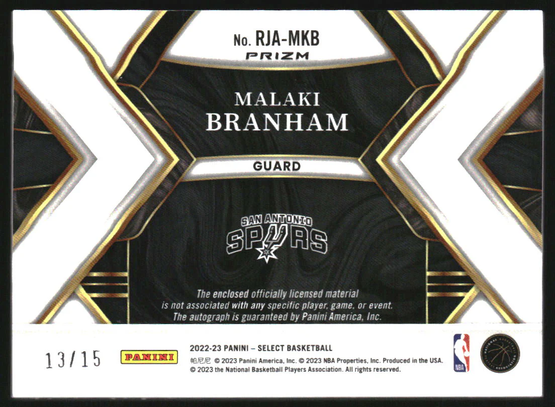 2022-23 Select Rookie Jersey Auto Neon Purple Pulsar FOTL Malaki Branham RC /15 - Image 2