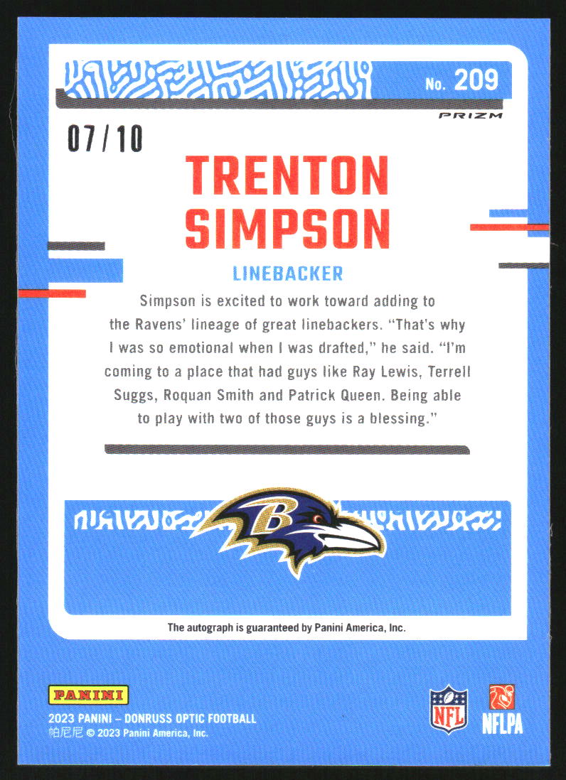 2023 Donruss Optic Rated Rookies Autograph Gold #209 Trenton Simpson RC Auto /10 - Image 2