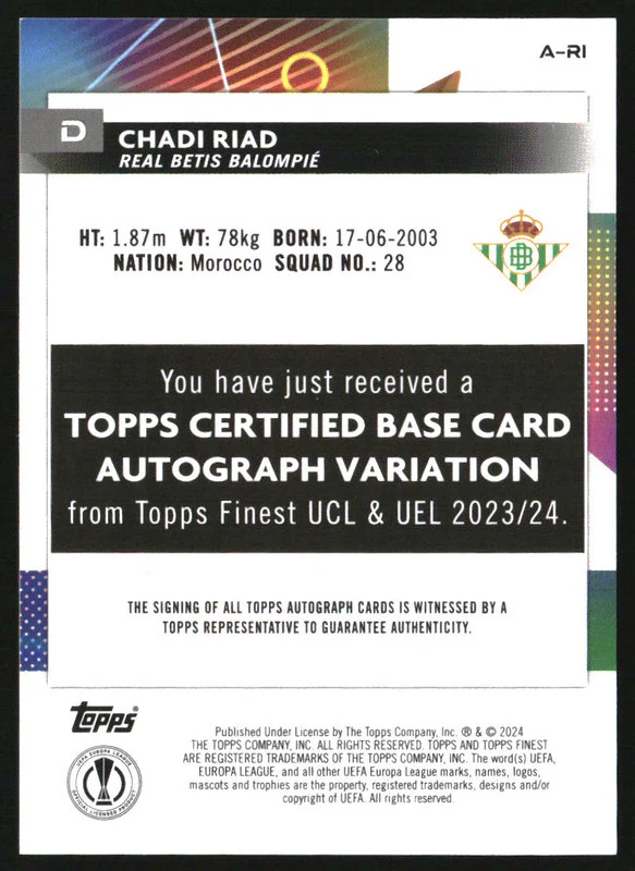 2023-24 Finest UEFA Club Competitions Auto Gold Refractors Chadi Riad RC /50 - Image 2