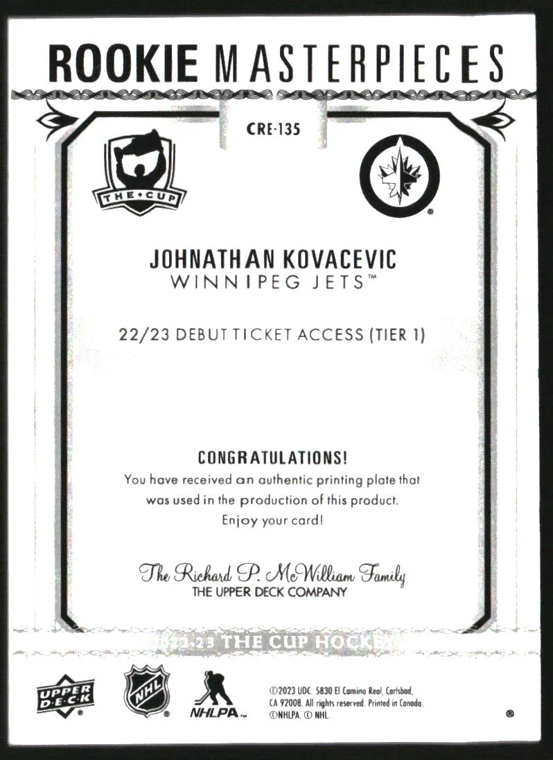 2022 The Cup Printing Plates Black Rookie Masterpiece Johnathan Kovacevic RC 1/1 - Image 2