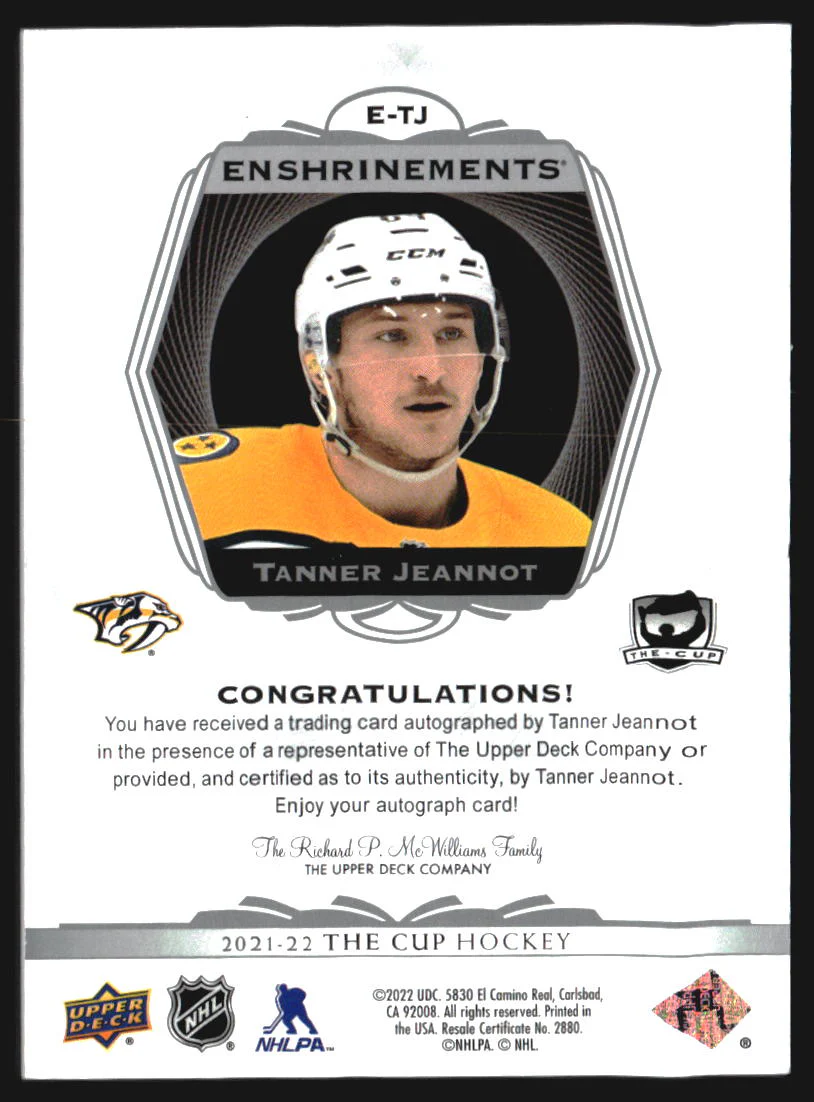 2021-22 The Cup Enshrinements Autograph Silver Tanner Jeannot Auto /99 - Image 2