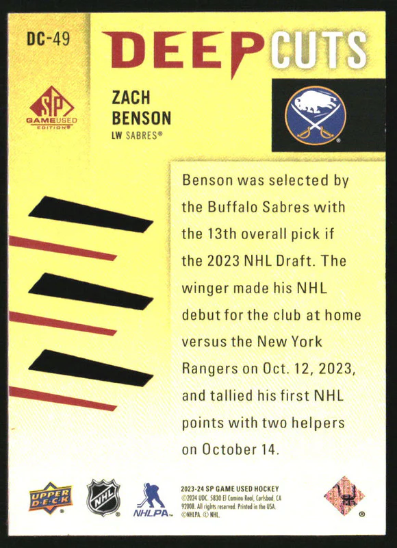 2023-24 SP Game Used Deep Cuts Red #DC49 Zach Benson /35 - Image 2