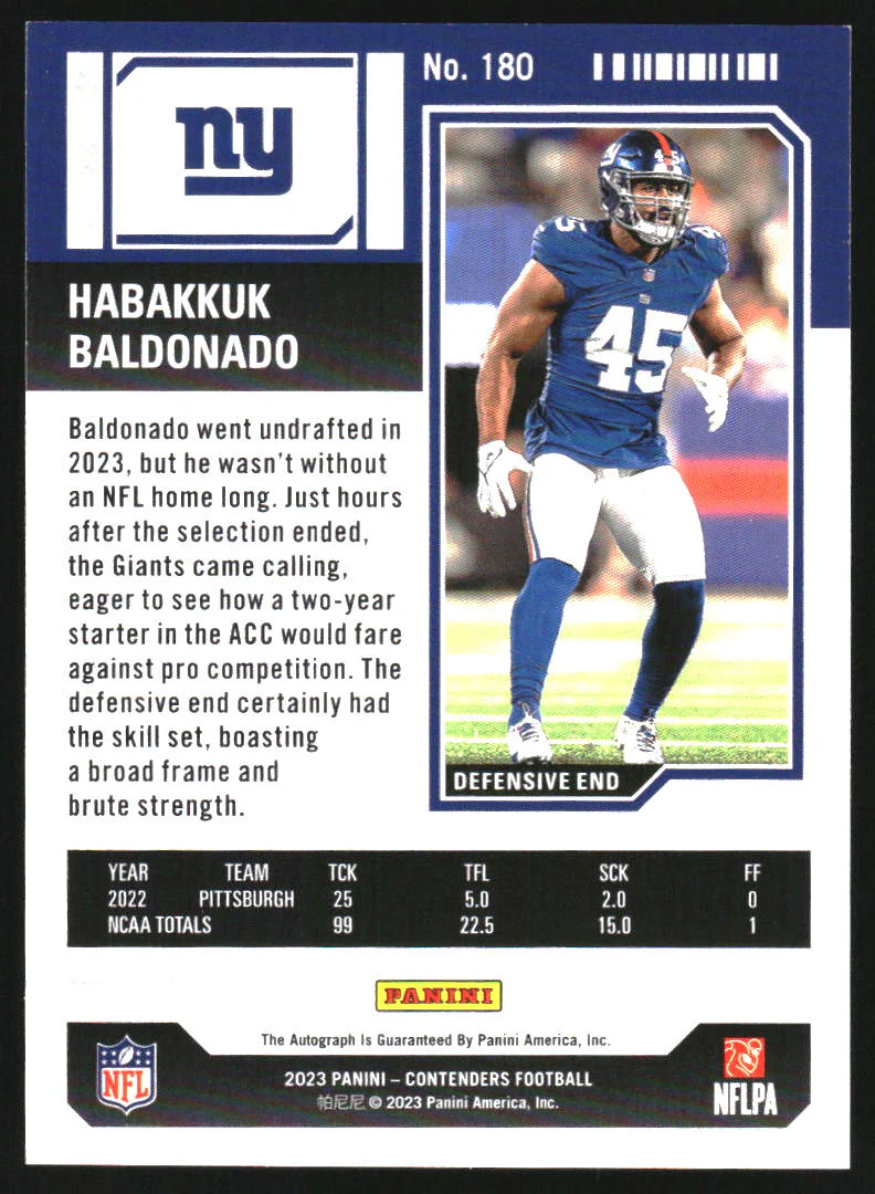 2023 Panini Contenders #180 Habakkuk Baldonado Rookie Autograph RC Auto - Image 2