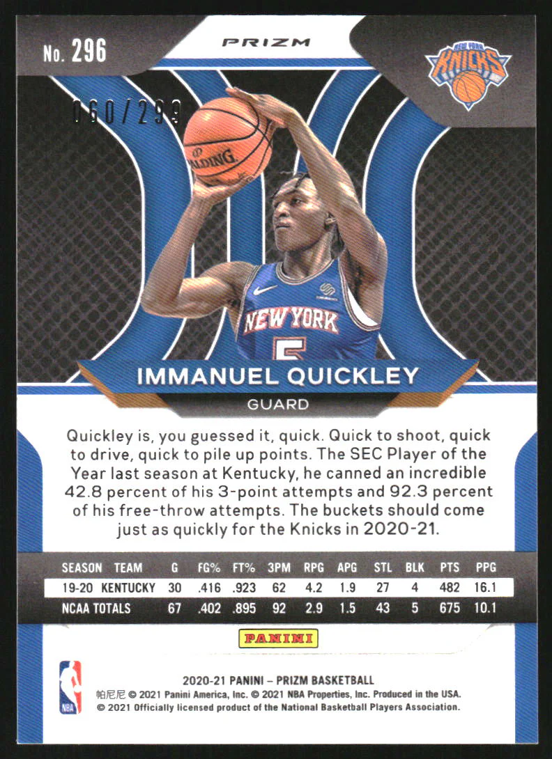 2020-21 Panini Prizm Prizms Red #296 Immanuel Quickley RC Rookie /299 - Image 2
