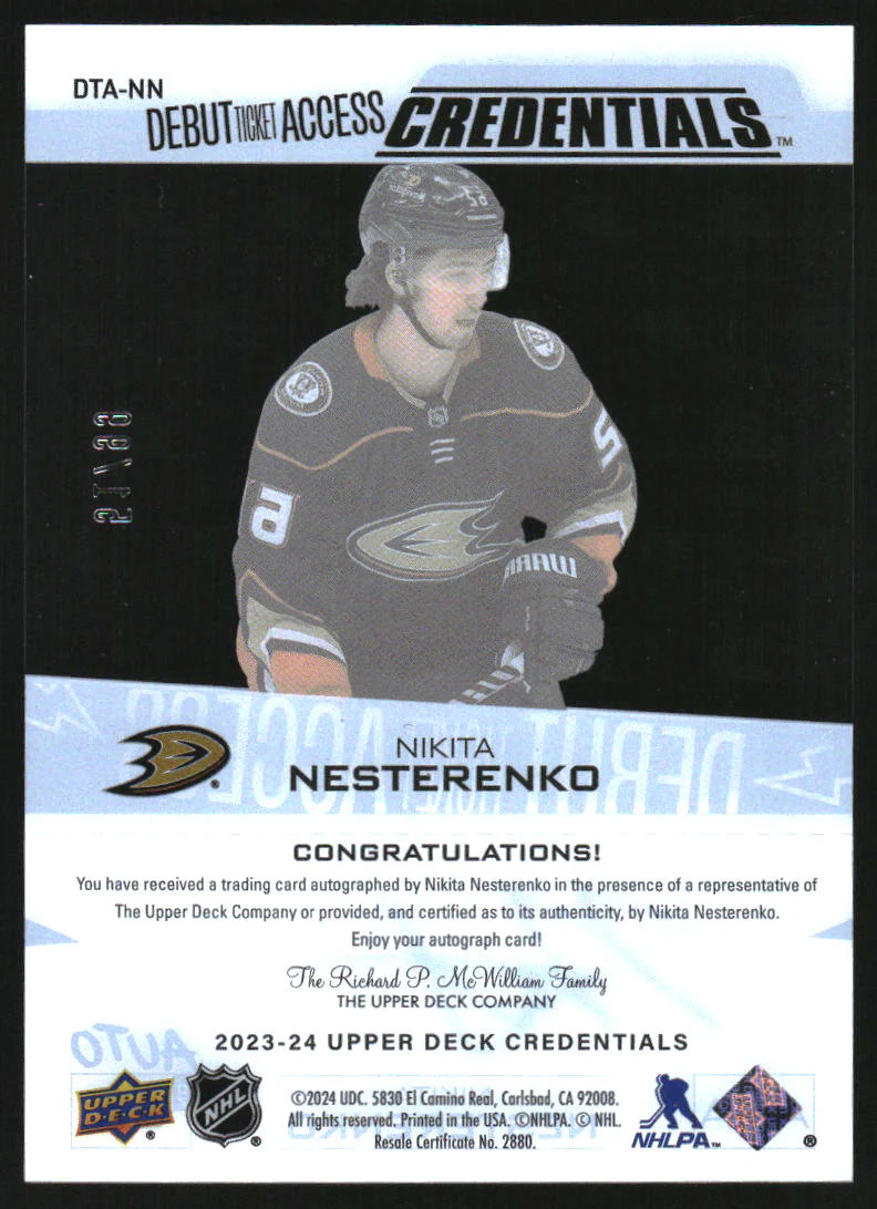 2023-24 UD Credentials Debut Ticket Access Acetate Auto Nikita Nesterenko /99 - Image 2