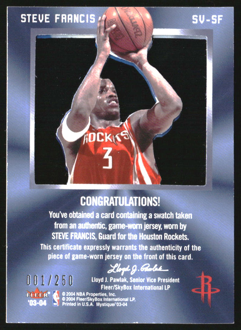 2003-04 Fleer Mystique Skyview Jerseys #SVSM Steve Francis /250 - Image 2