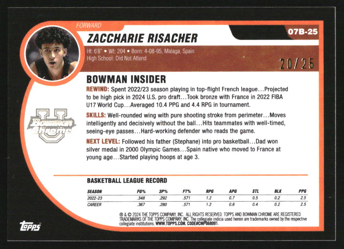 2023-24 Bowman Chrome University '07-08 Bowman Orange Zaccharie Risacher /25 - Image 2