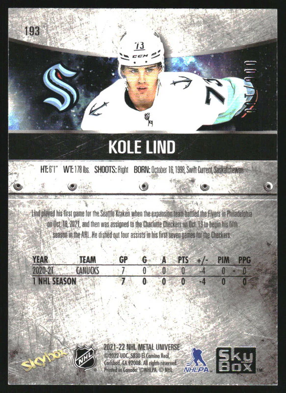 2021-22 Metal Universe Precious Metal Gems Green #193 Kole Lind /100 - Image 2