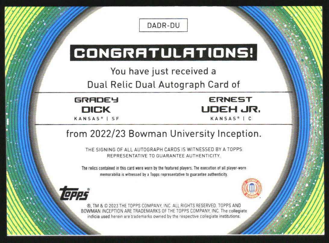 2022 Bowman Inception University Dual Auto Relic Gradey Dick Ernest Udeh Jr. /99 - Image 2
