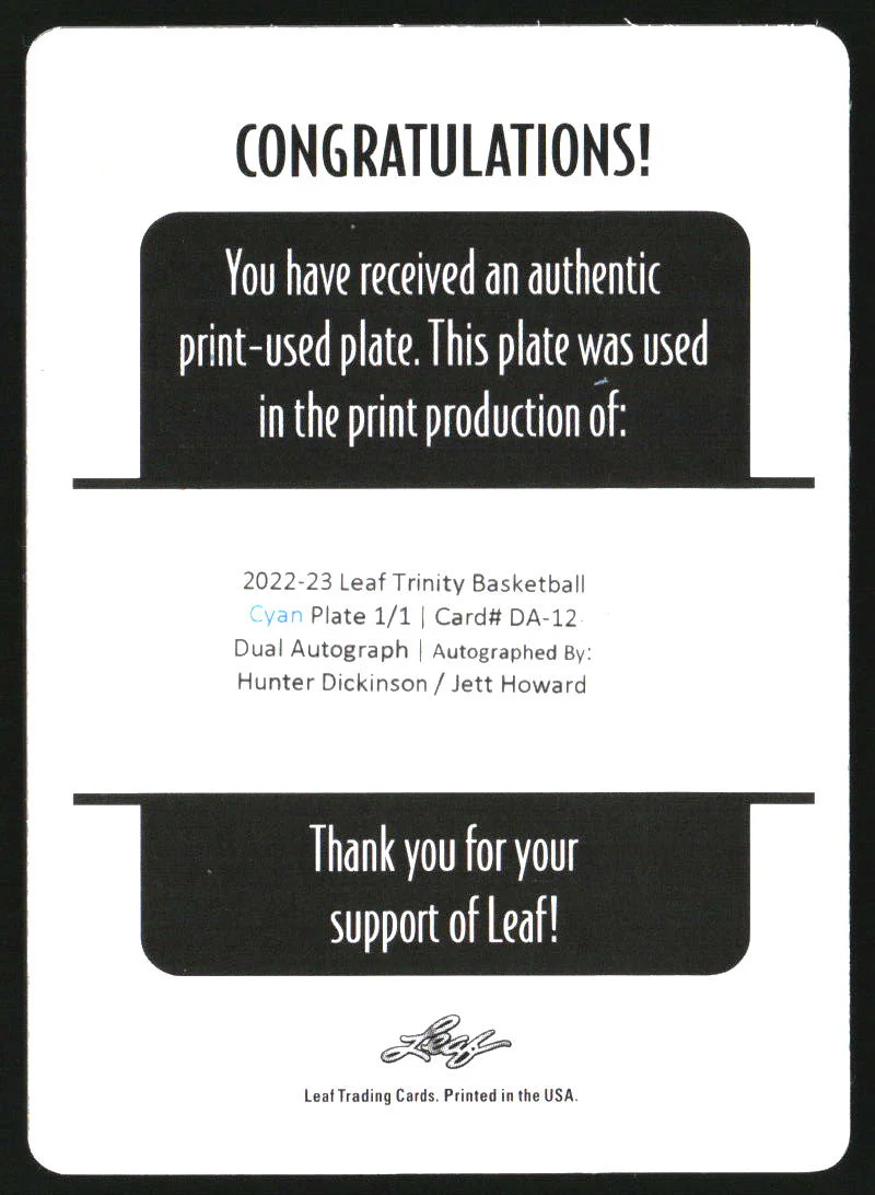 2022 Leaf Trinity Dual Auto Printing Plate Cyan Hunter Dickinson Jett Howard 1/1 - Image 2