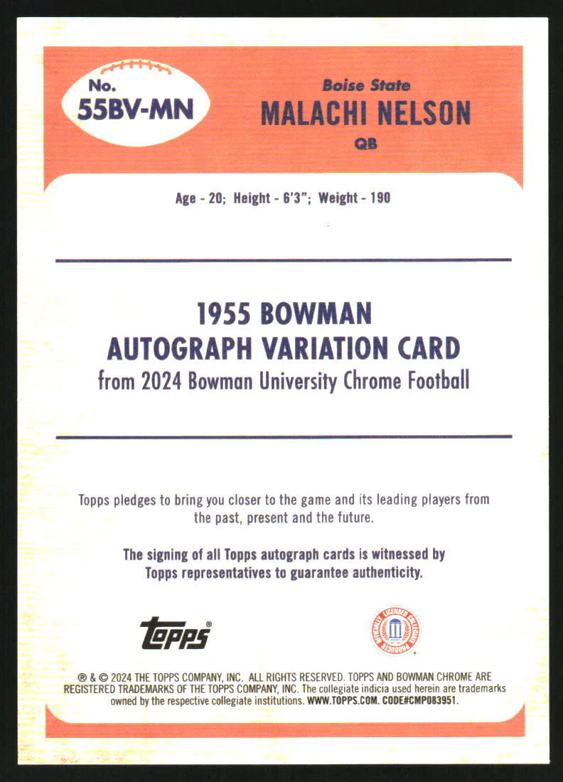 2024 Bowman Chrome University '55 Bowman Auto Orange Malachi Nelson /25 - Image 2