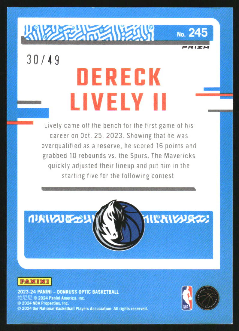 2023-24 Donruss Optic Fast Break Blue #245 Dereck Lively II RR RC Rookie /49 - Image 2