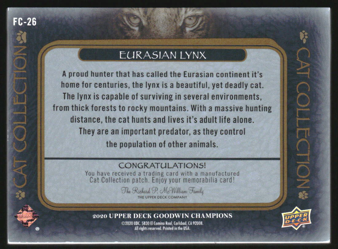 2020 UD Goodwin Champions Cat Collection Manufactured Patches Eurasian Lynx - Image 2