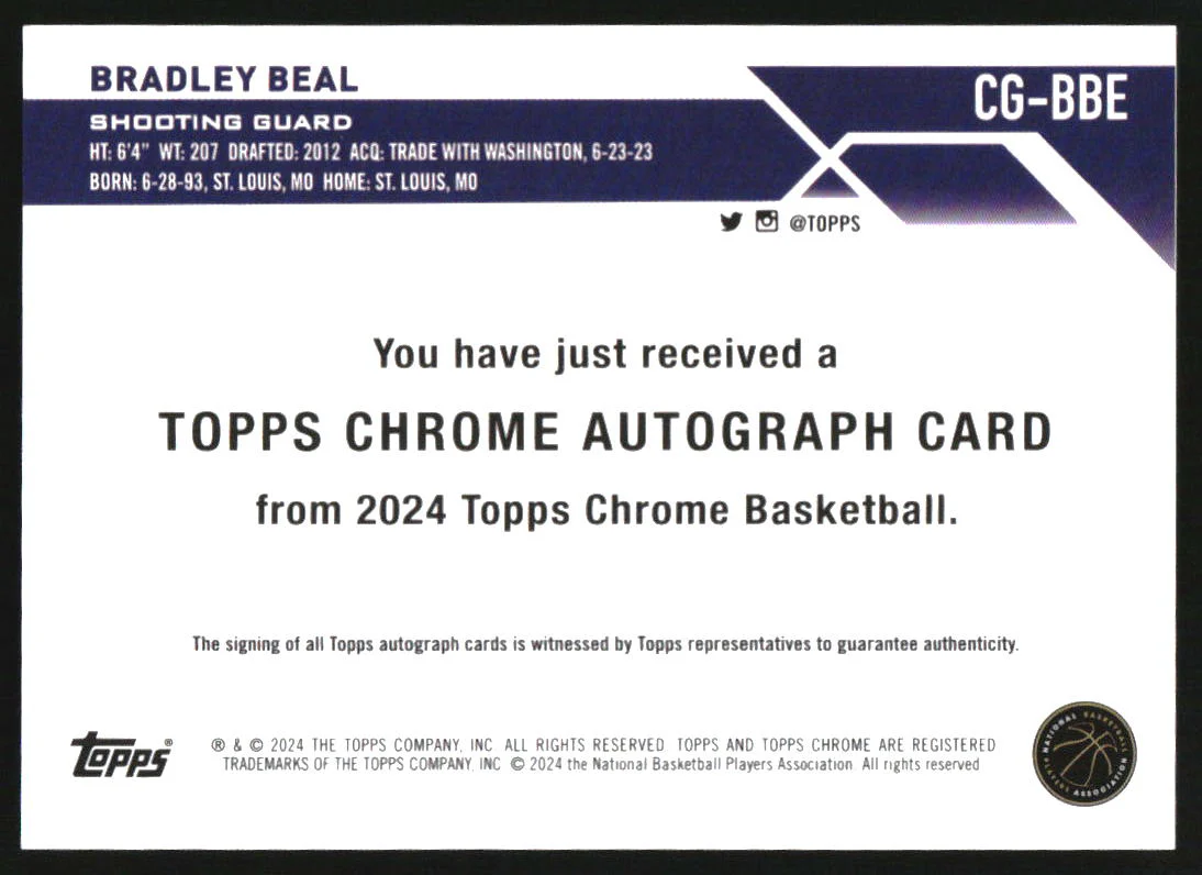 2023-24 Topps Chrome Sapphire Autographs Gold Refractors Bradley Beal Auto /50 - Image 2