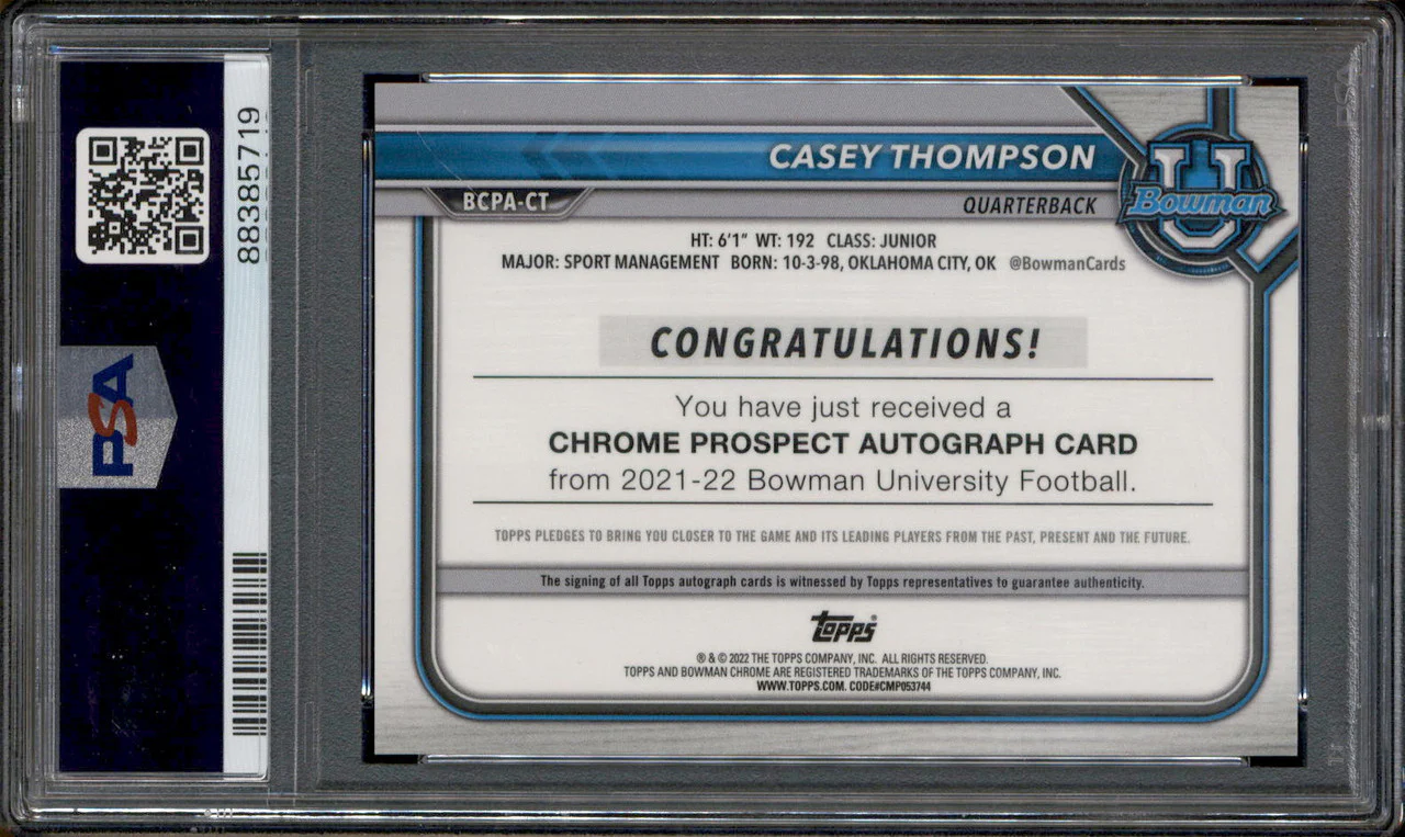 2021 Bowman Chrome University Rookie Auto Yellow Casey Thompson RC /75 PSA 10 - Image 2