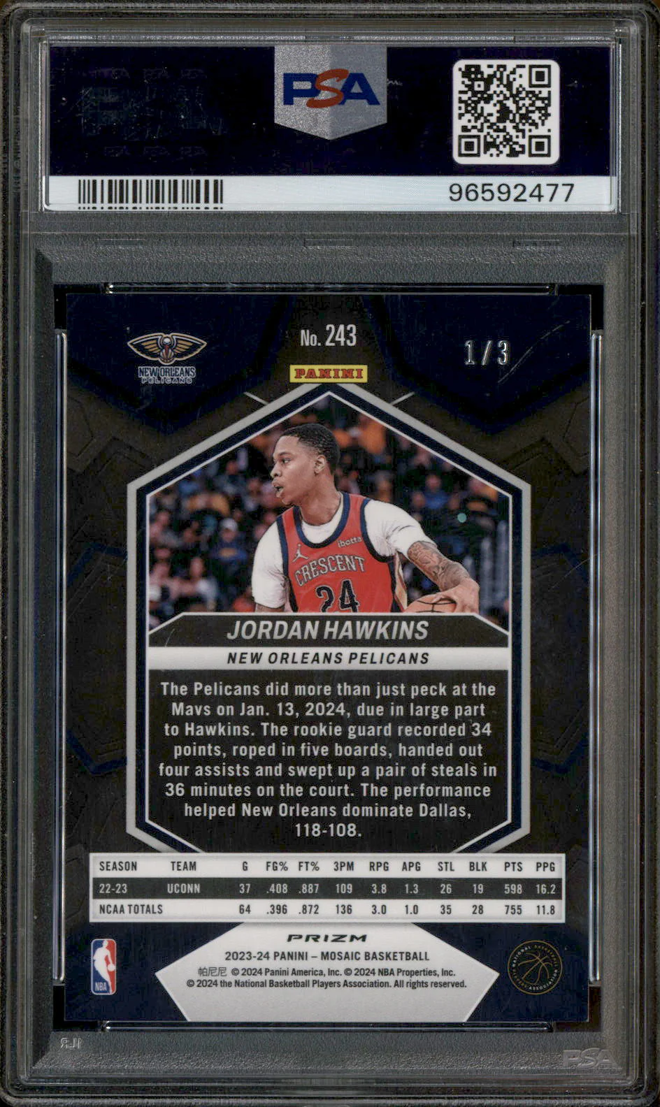 2023 Panini Mosaic Green Swirl FOTL #243 Jordan Hawkins RC Rookie /3 PSA 6 - Image 2