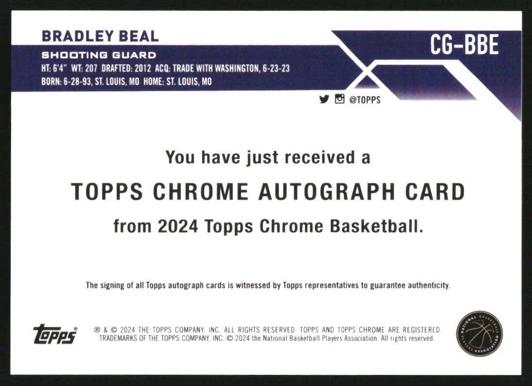 2023-24 Topps Chrome Autographs Gold Refractors #CGBBE Bradley Beal Auto /50 - Image 2