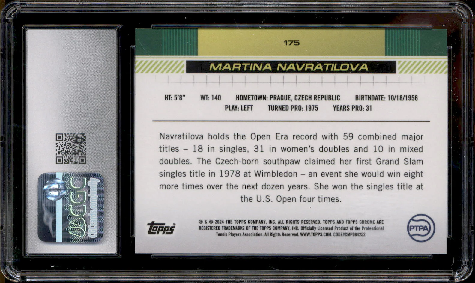2024 Topps Chrome Sapphire Purple #175 Martina Navratilova /10 CGC 10 - Image 2