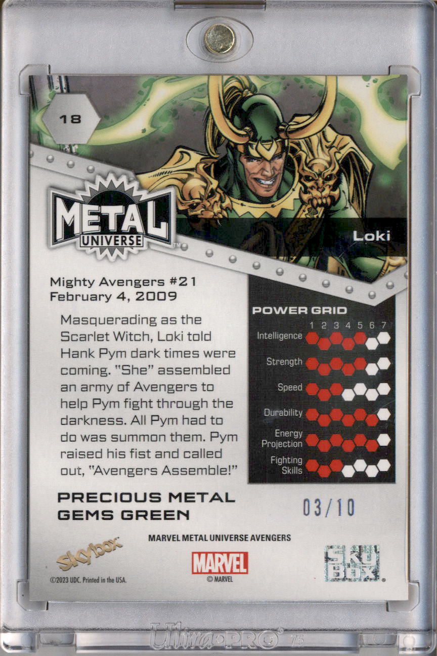 2024 SkyBox Marvel Metal Universe Avengers Precious Metal Gem Green #18 Loki /10 - Image 2