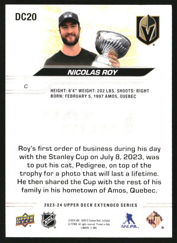 2023-24 Upper Deck Day With The Cup #DC20 Nicolas Roy - Image 2
