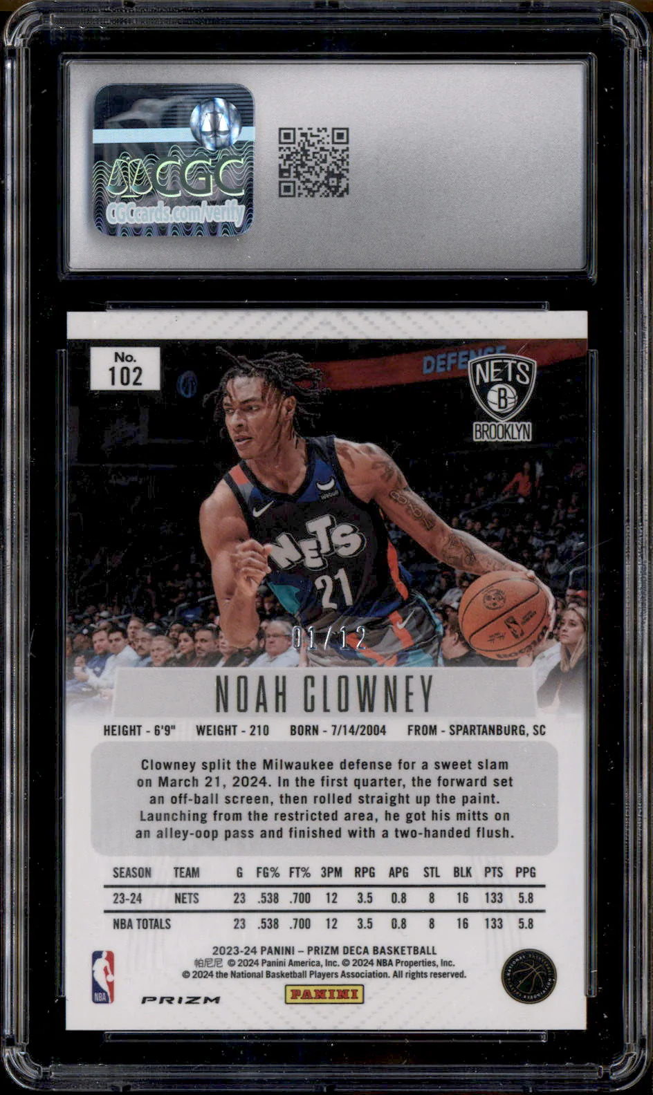 2023 Panini Prizm Deca Green Shimmer FOTL #102 Noah Clowney RC Rookie /12 CGC 10 - Image 2