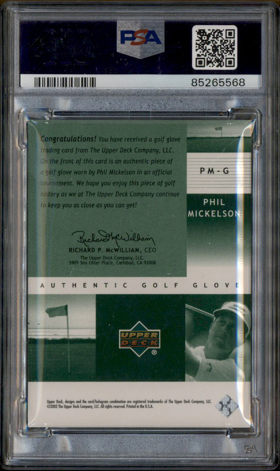 2002 Upper Deck Golf Authentic Golf Glove #PMG Phil Mickelson PSA 8 - Image 2