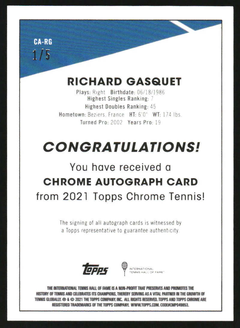 2021 Topps Chrome Tennis Autographs Red Refractors #CARG Richard Gasquet Auto /5 - Image 2