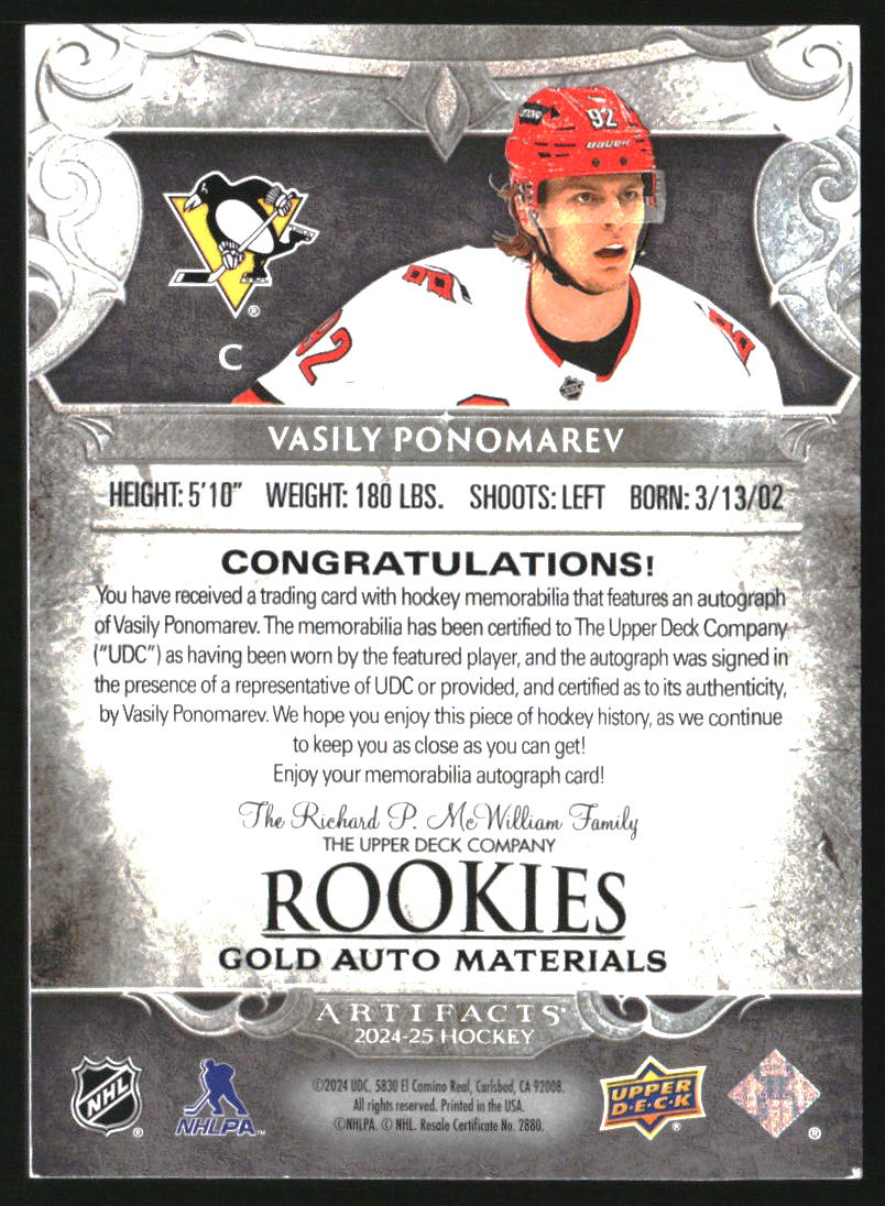 2024-25 Artifacts Material Autographs Gold #184 Vasily Ponomarev RC Auto /199 - Image 2