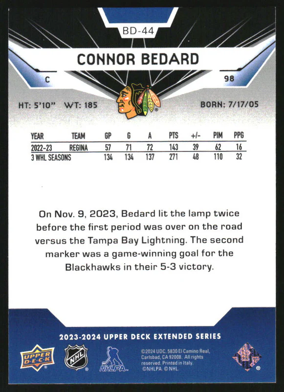 2023-24 Upper Deck '07-08 Black Diamond Retros #BD44 Connor Bedard RC - Image 2