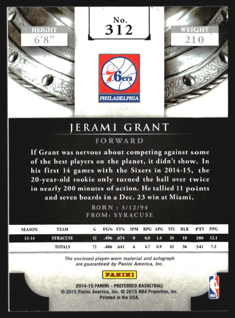 2014-15 Panini Preferred Silhouettes Prime #312 Jerami Grant RC Auto /25 - Image 2