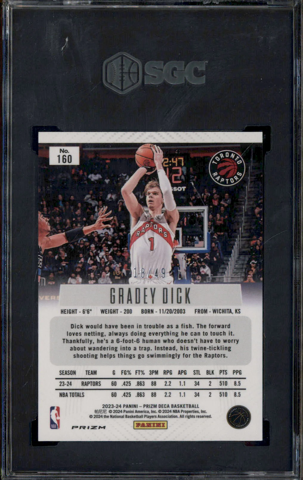 2023-24 Panini Prizm Deca Orange Prizm #160 Gradey Dick RC Rookie /49 SGC 9.5 - Image 2
