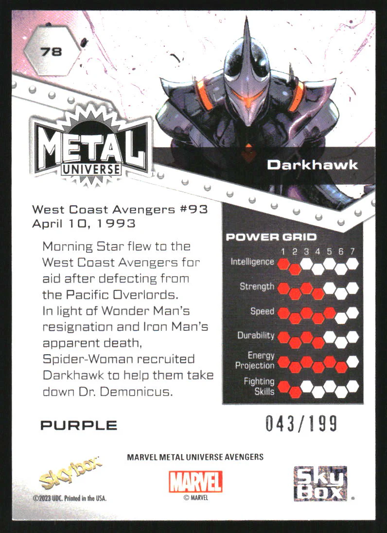 2024 SkyBox Marvel Metal Universe Avengers Purple FX #78 Darkhawk /199 - Image 2