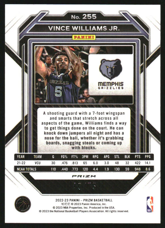 2022-23 Panini Prizm Prizms Fast Break Purple #255 Vince Williams Jr. RC /75 - Image 2