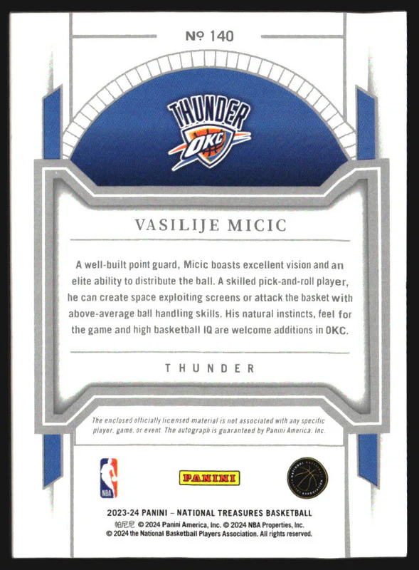 2023-24 Panini National Treasures #140 Vasilije Micic RC Jersey Auto /99 - Image 2