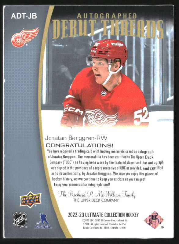 2022-23 Ultimate Collection Debut Threads Patch Auto Jonatan Berggren /99 - Image 2