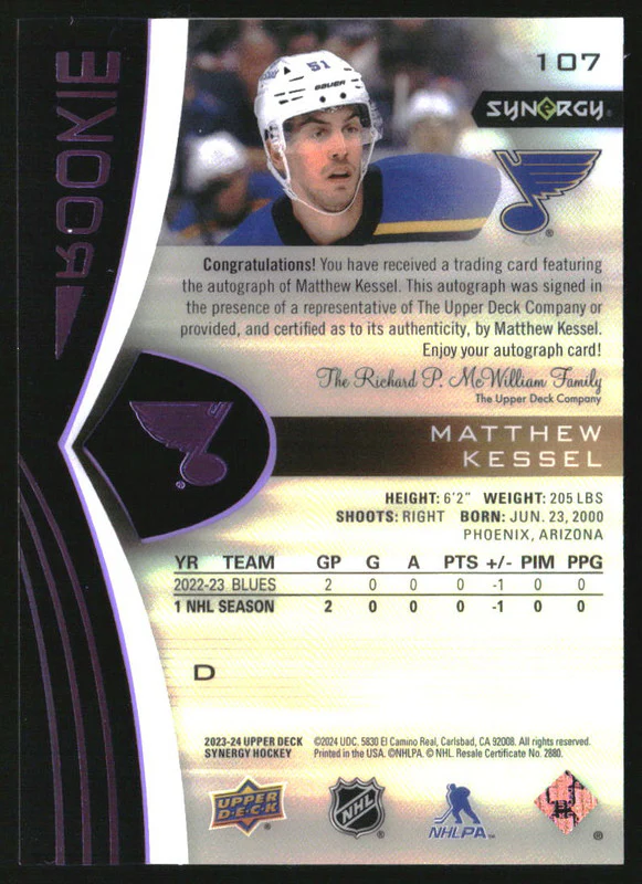 2023-24 Synergy Purple #107 Matthew Kessel Rookie Autograph RC Auto /99 - Image 2