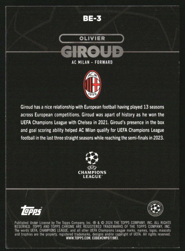 2023-24 Topps Chrome UEFA Club Competitions Shadow Etch #BE3 Olivier Giroud - Image 2