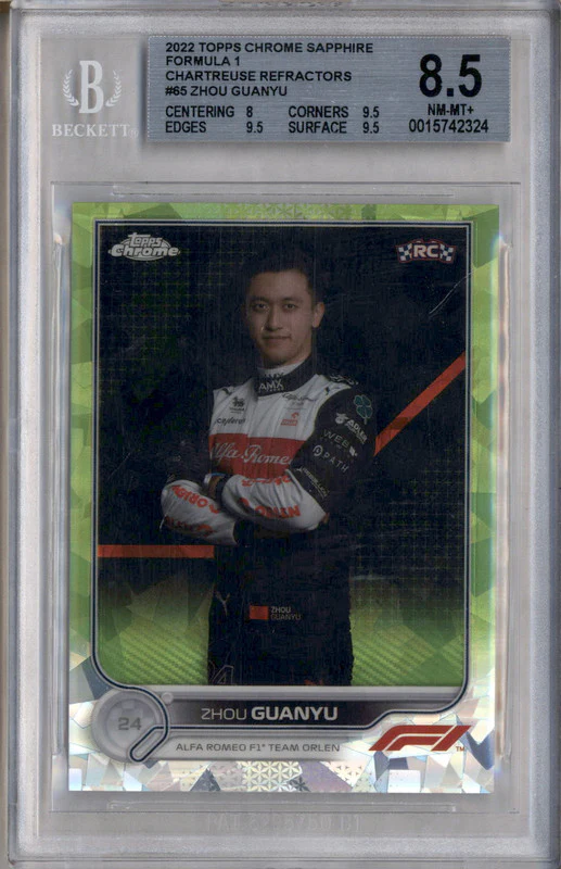 2022 Topps Chrome Sapphire Formula 1 Chartreuse Zhou Guanyu RC /199 BGS 8.5
