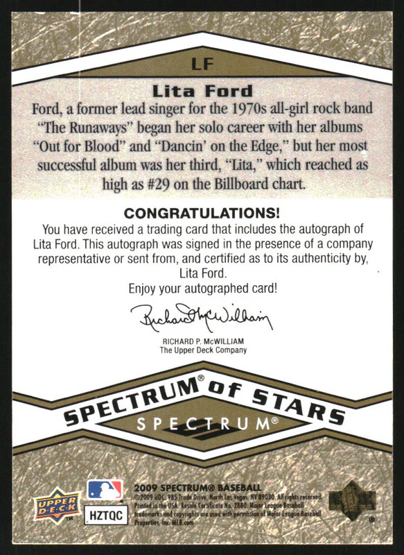 2009 Upper Deck Spectrum Spectrum of Stars Autographs #LF Lita Ford Auto - Image 2