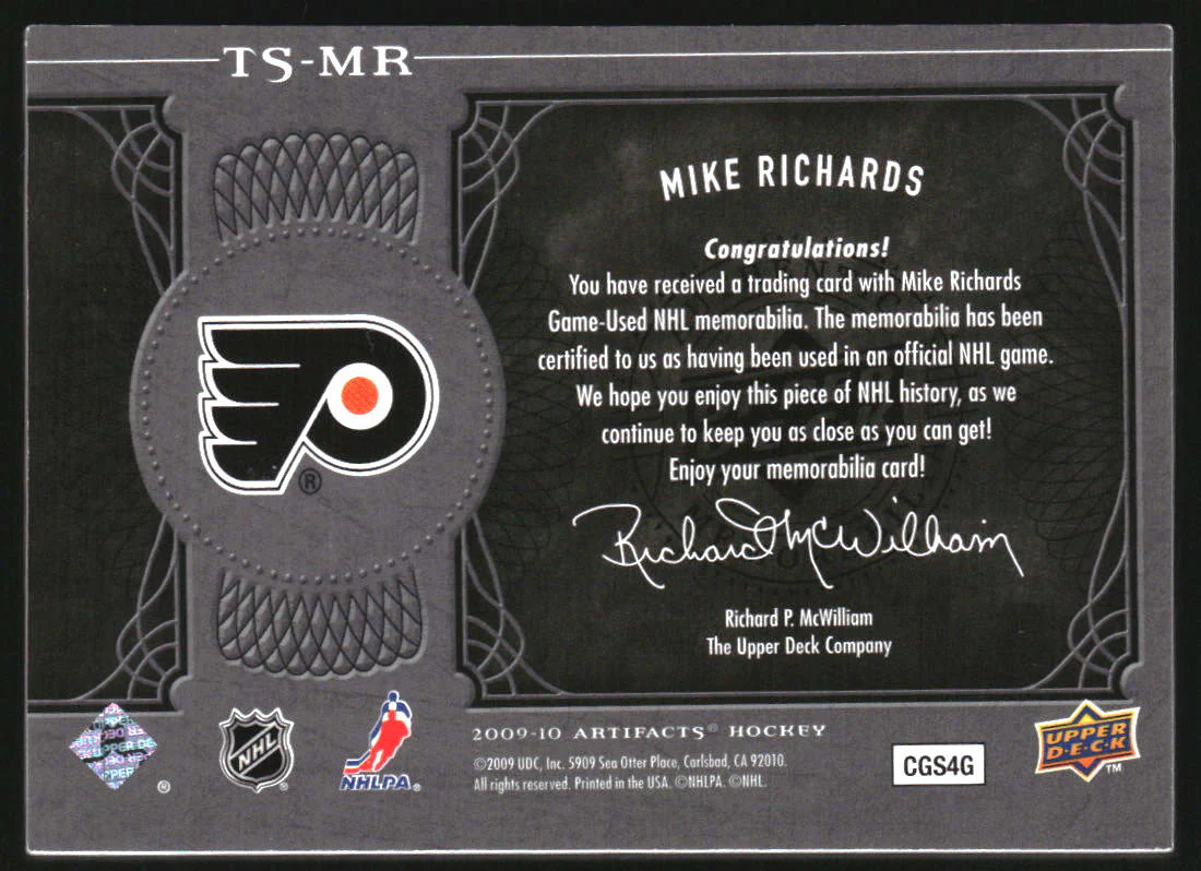2009-10 Artifacts Treasured Swatches Jersey-Patch Black #TSMR Mike Richards 1/1 - Image 2