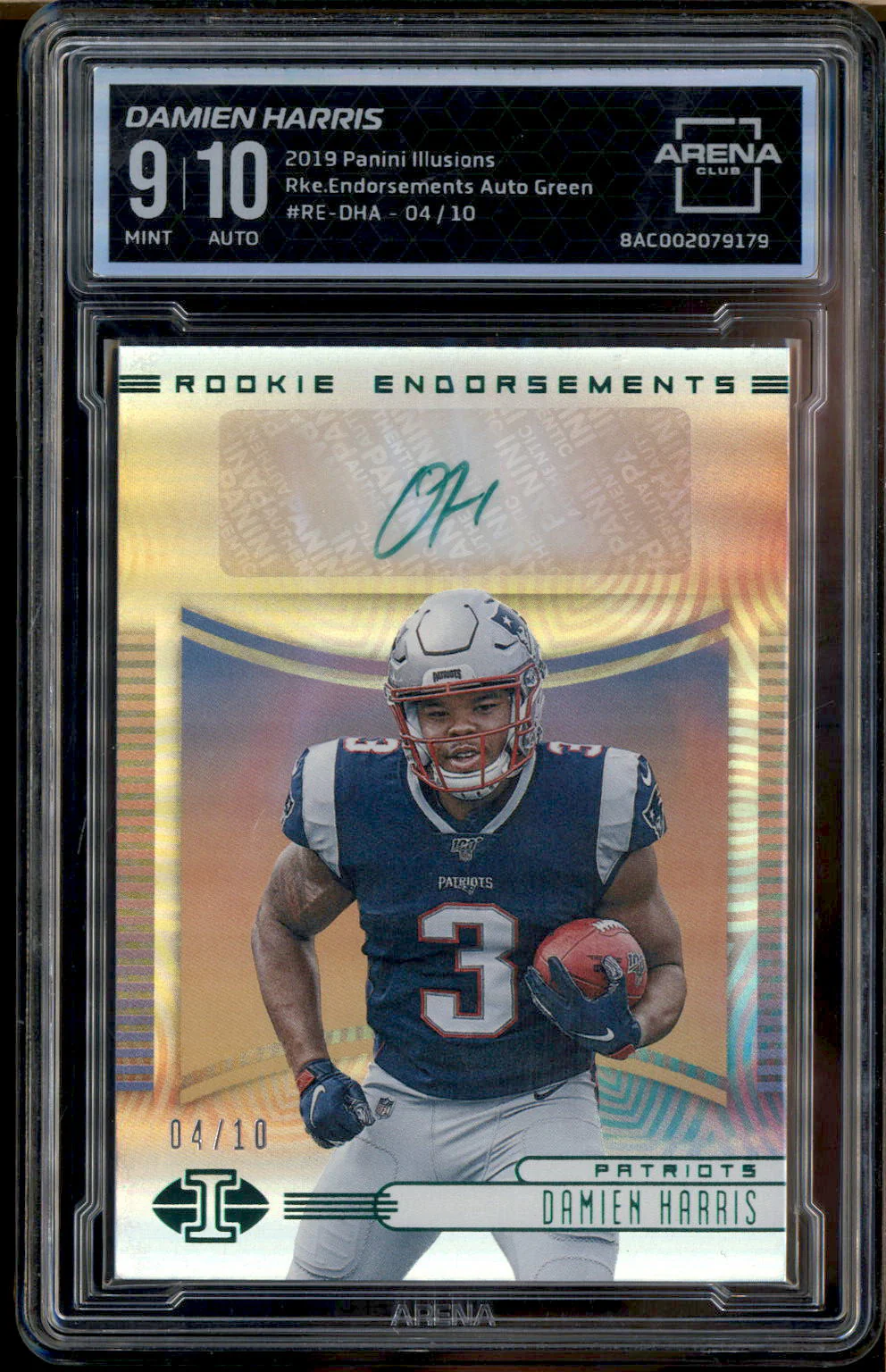 2019 Illusions Rookie Endorsements Auto Green Damien Harris RC /10 Arena Club 9