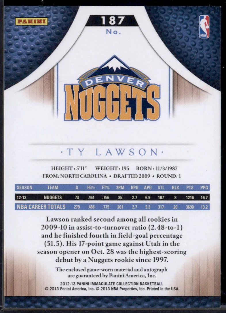 2012-13 Immaculate Collection Patch Autographs Ty Lawson Auto /25 - Image 2