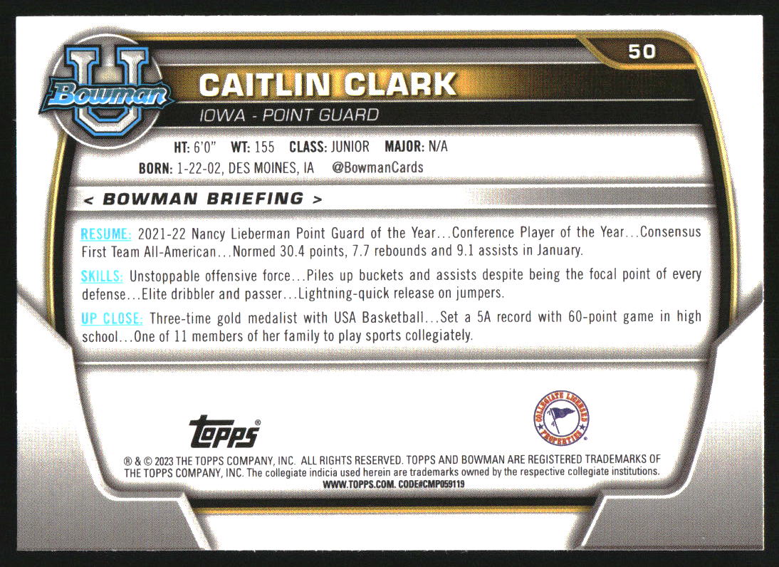 2022-23 Bowman Chrome University #50 Caitlin Clark RC Rookie - Image 2