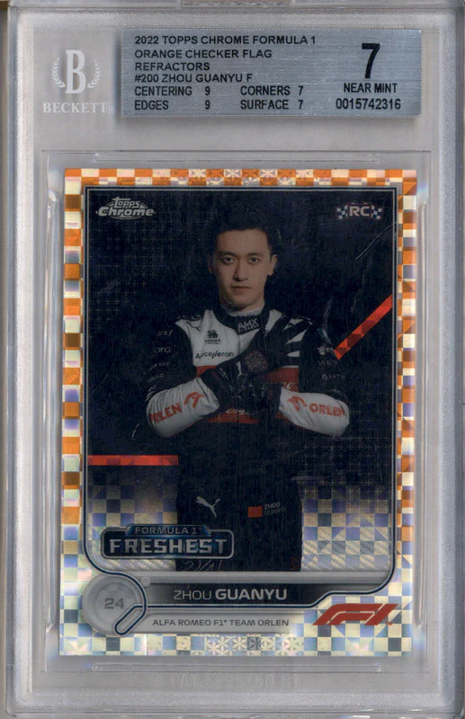 2022 Topps Chrome Formula 1 Orange Checker Flag Zhou Guanyu RC /25 BGS 7