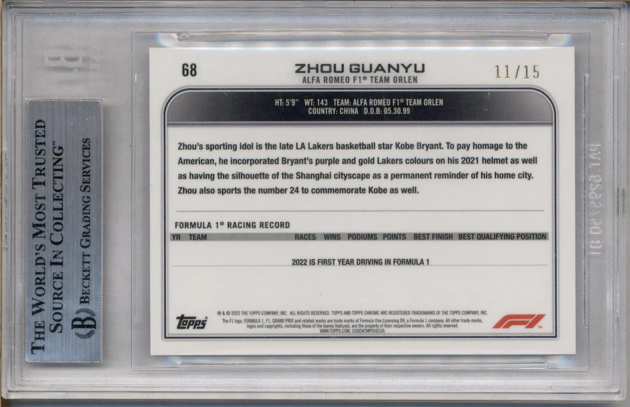 2022 Topps Chrome Formula 1 Black & White Zhou Fuanyu RC Rookie /15 BGS 9 - Image 2
