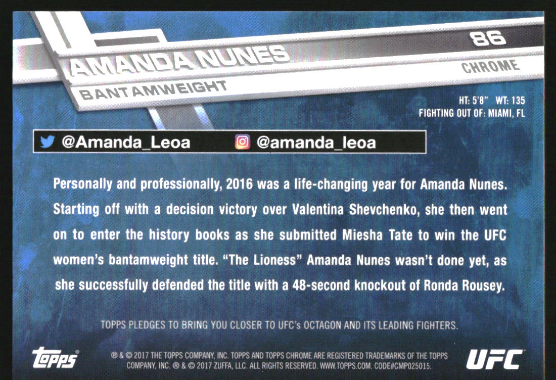 2017 Topps Chrome UFC Diamond Refractors #86 Amanda Nunes - Image 2