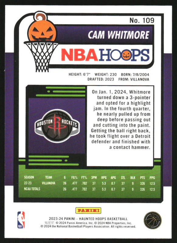 2023-24 Hoops Haunted Hoops Holo Candy #109 Cam Whitmore RC Rookie - Image 2