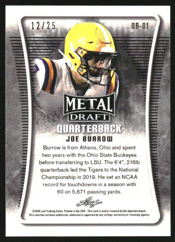 2020 Leaf Metal Quarterback Collection Blue #QB1 Joe Burrow /25 - Image 2