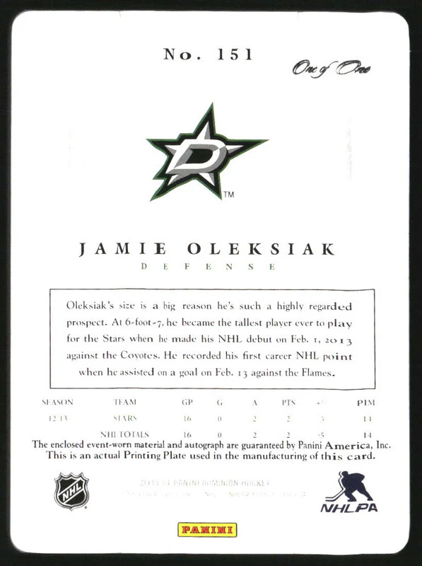 2013-14 Dominion Printing Plates Black #151 Jamie Oleksiak Auto Jersey 1/1 - Image 2